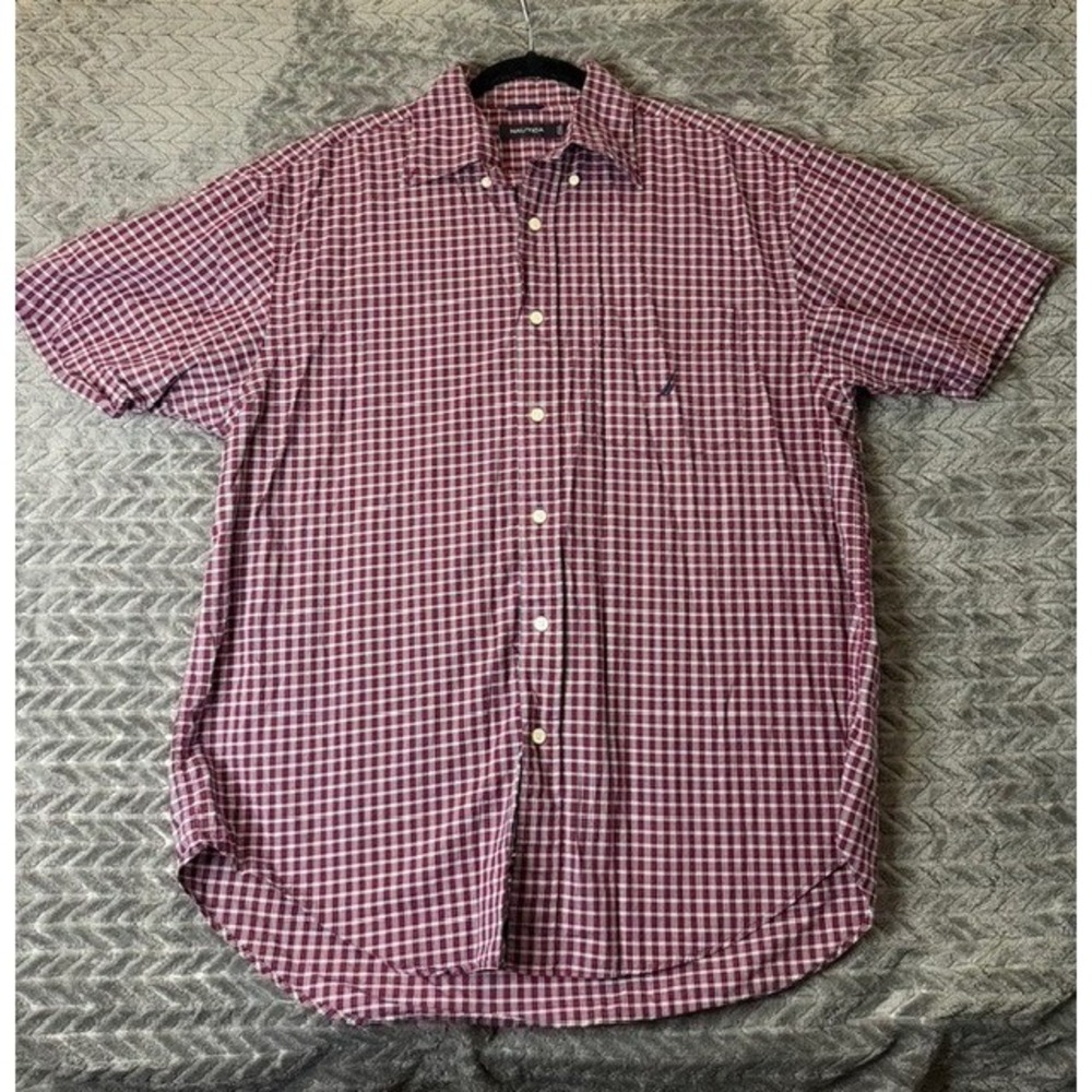 Nautica Mens Large Short Sleeve Button Down Shirt Plaid Burgundy White 0071
